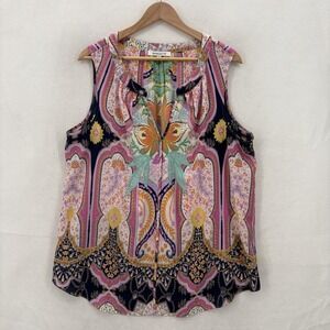 Rose + Olive Shirt Womens 1X Pink Multicolor Sleeveless Boho Paisley Top Festive